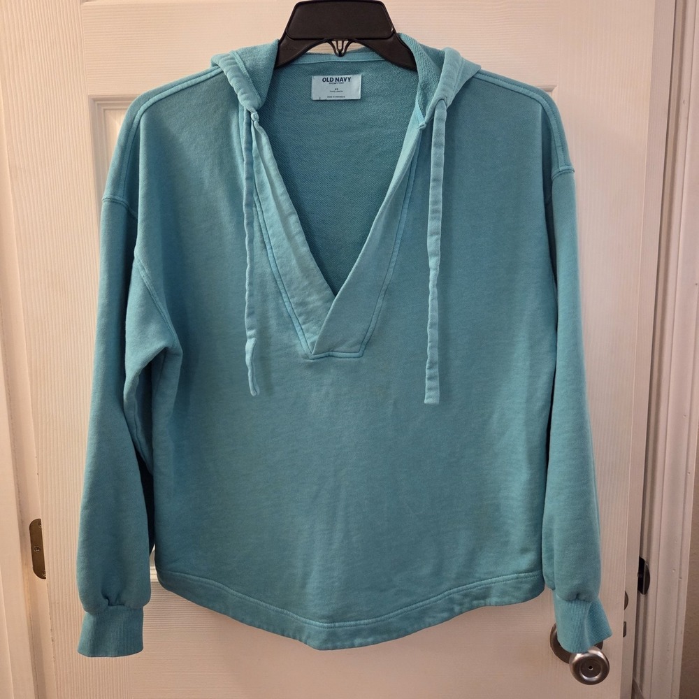 Old Navy sz XS socomfy terry teal blue pullover hoodie tunic oversized beach